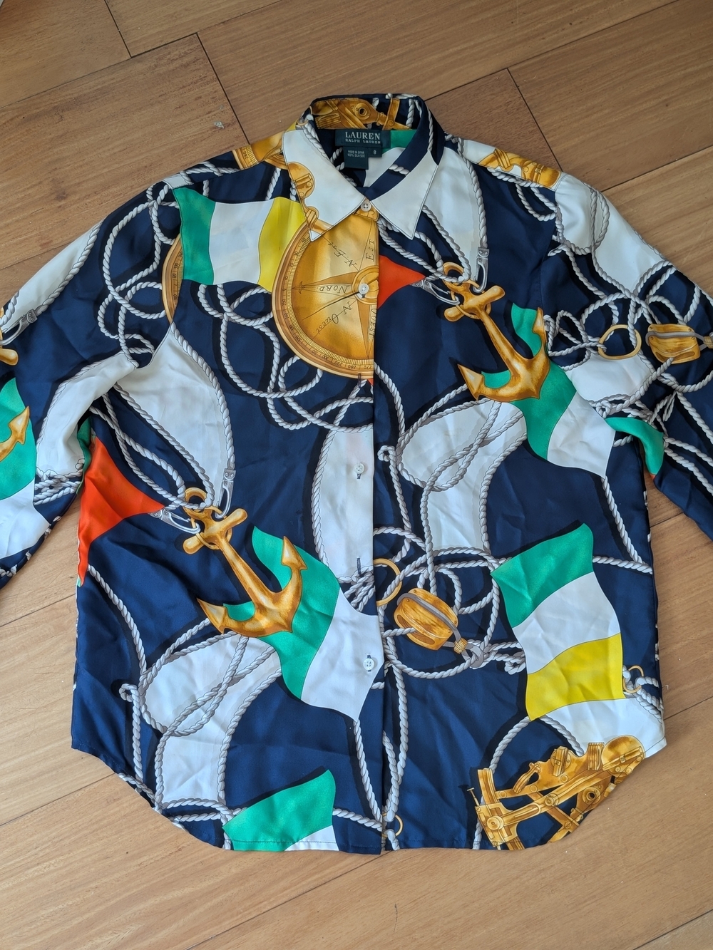 Rare Vintage Ralph Lauren Navy Blue Multicolor Nautical Silk Button-Down Shirt